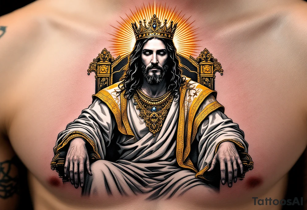 Jesus as King of Kings – A majestic Jesus wearing a golden crown, seated on a throne with bright white robes, and rays of golden light shining down upon Him. The background shows a vast kingdom of soft blues and purples. tattoo idea