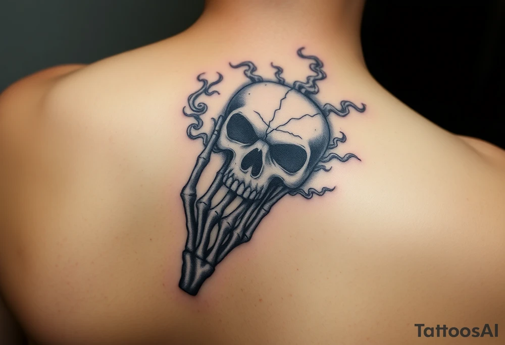 A skeletal hand holding a cracked Death Eater mask, with mist swirling around it, symbolizing secrecy and power tattoo idea