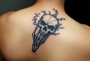 A skeletal hand holding a cracked Death Eater mask, with mist swirling around it, symbolizing secrecy and power tattoo idea