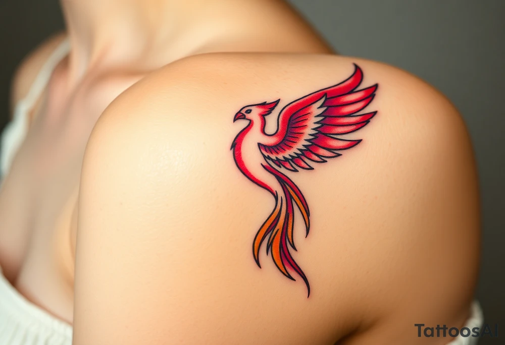 Phoenix rising from the ashes with the colors red, pink, orange and purple. Size 3 cm wide and 5 cm high tattoo idea