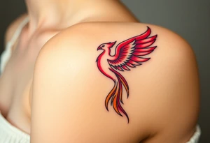 Phoenix rising from the ashes with the colors red, pink, orange and purple. Size 3 cm wide and 5 cm high tattoo idea
