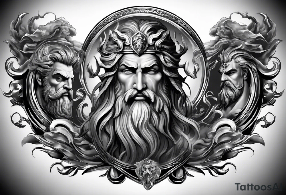 Full tattoo sleeve with Zeus, Poseidon and Hades. Zeus is at the left shoulder, Poseidon is at the left upper arm and Hades is at the left forearm. tattoo idea