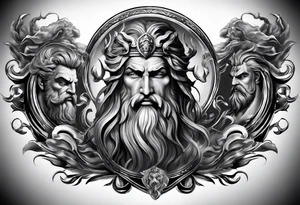 Full tattoo sleeve with Zeus, Poseidon and Hades. Zeus is at the left shoulder, Poseidon is at the left upper arm and Hades is at the left forearm. tattoo idea