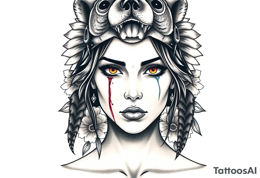 Young Symmetrical Beautiful Woman, looking forward, with colored eyes, shedding a tear, with battle scars and blood on face, with soft look, wearing a mean looking bear headdress on head, with flower background tattoo idea