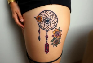 Dreamcatcher with zodiac symbols and protection runes caught in it with tigerlillies roses and sunflowers tattoo idea