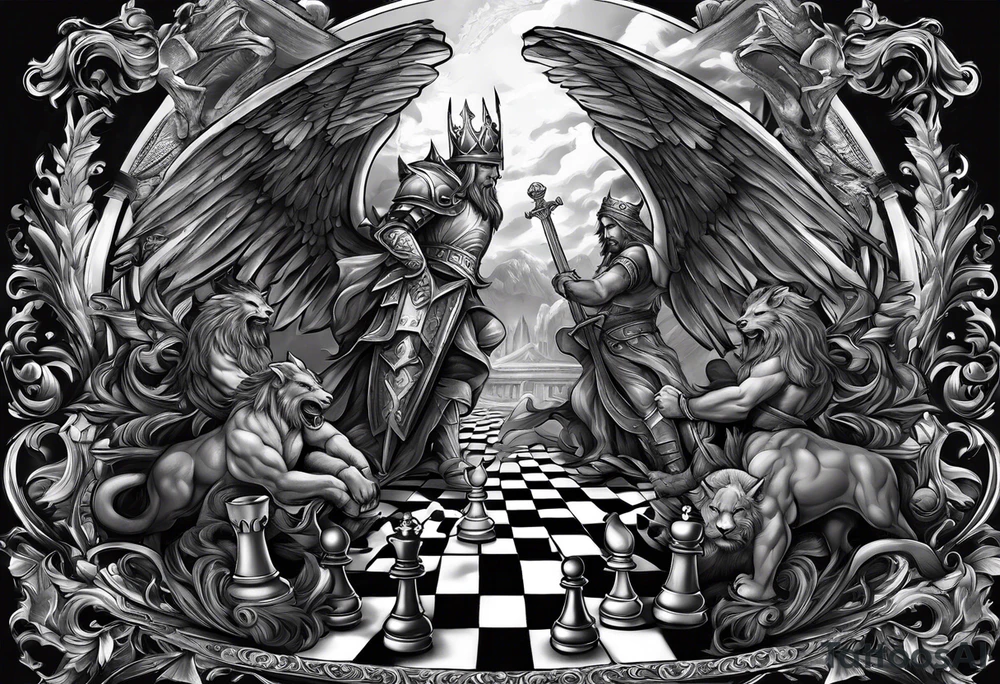 Illustrate a powerful scene where the angelic king checkmates the demonic king, symbolizing the triumph of good over evil in the strategic game of life. tattoo idea