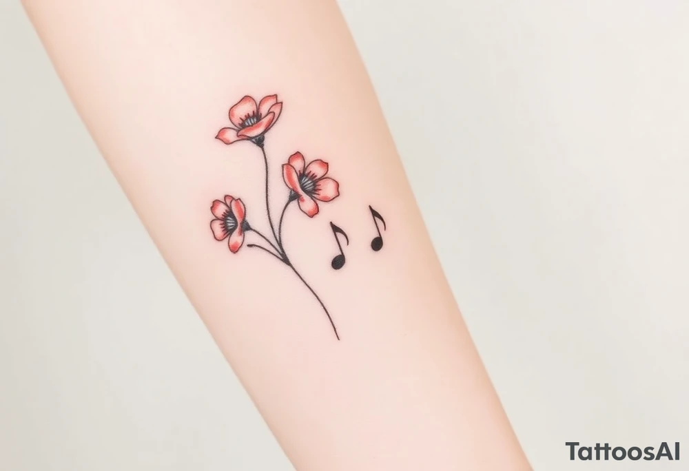 Red flowers with black music notes tattoo idea