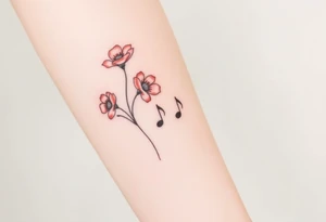 Red flowers with black music notes tattoo idea