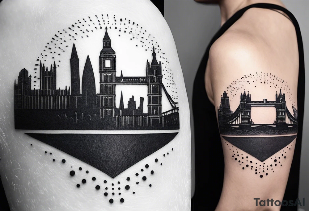 A minimalistic, abstract design capturing the architectural essence and vibe of London. Key elements of London’s skyline and structure are hinted at with clean lines, and subtle detailing includes personal touches, like a nod to Feid’s signature look (hat, glasses, mustache), integrated discreetly to honor a memorable concert experience. tattoo idea