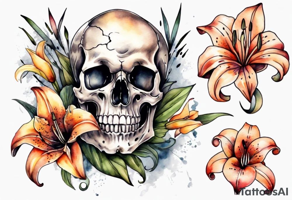Skull and lilies tattoo idea