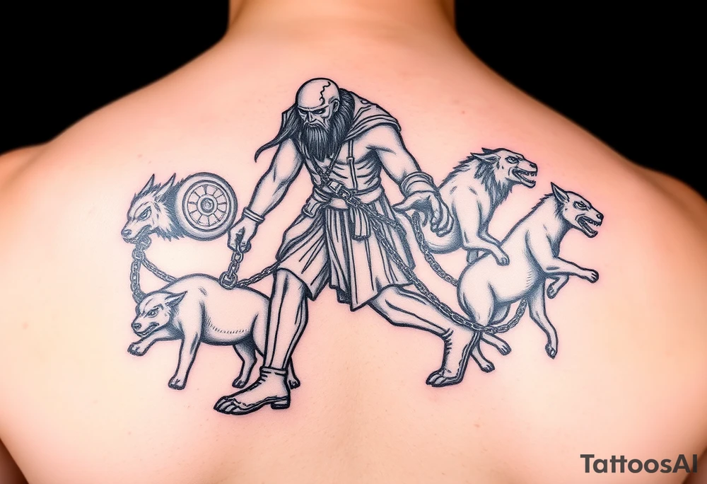 A giant walking with animals on chains tattoo idea