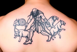 A giant walking with animals on chains tattoo idea