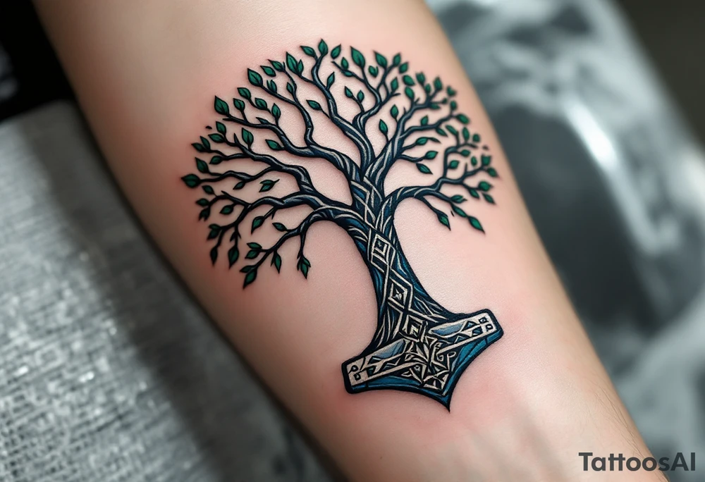 A Nordic tree of life (Yggdrasil) with Mjölnir hammer hanging from one of its branches, in shades of green, blue, and silver. tattoo idea