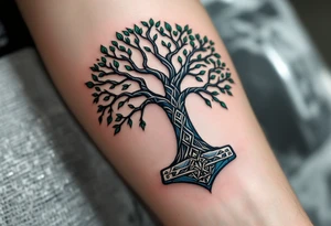 A Nordic tree of life (Yggdrasil) with Mjölnir hammer hanging from one of its branches, in shades of green, blue, and silver. tattoo idea