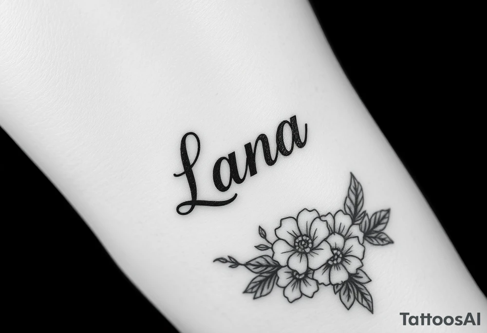 the name Lana going from my knee to my ankle the back of my leg with some flowers tattoo idea