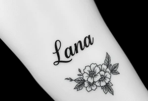 the name Lana going from my knee to my ankle the back of my leg with some flowers tattoo idea