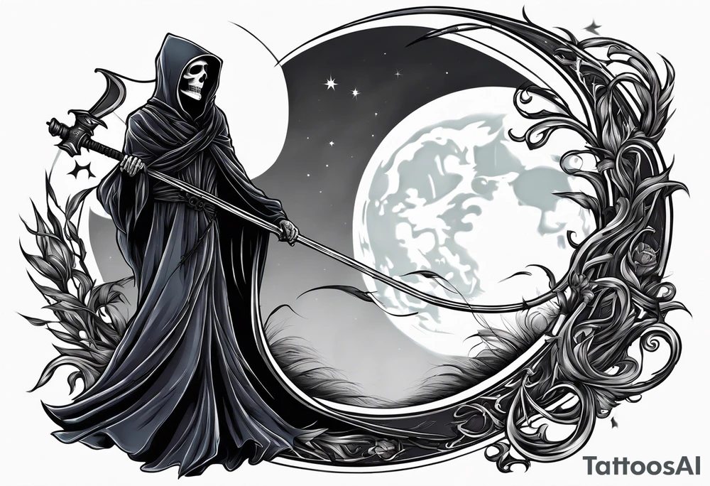 Grim reaper and scythe with moon behind cloak wind blown tattoo idea