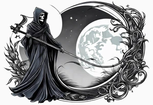 Grim reaper and scythe with moon behind cloak wind blown tattoo idea