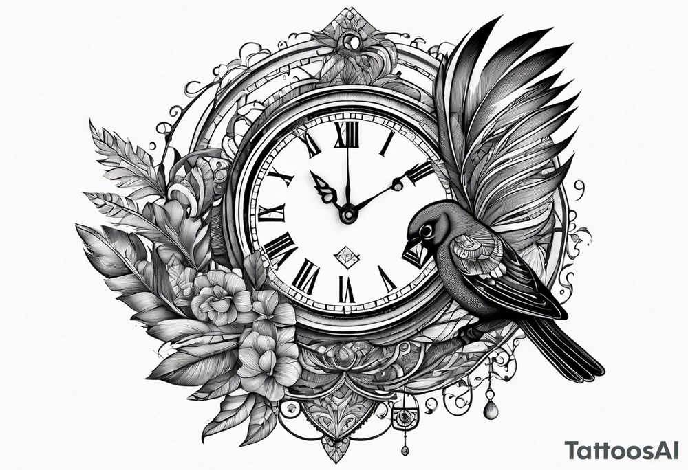 a bird clock but the bird's feathers are falling apart wich represents the fugacity of time tattoo idea