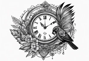 a bird clock but the bird's feathers are falling apart wich represents the fugacity of time tattoo idea