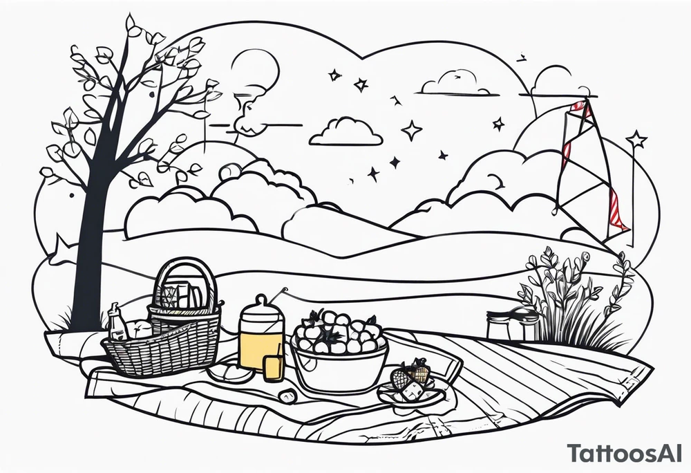 picnic scene by two trees on a with a sheckers blanket, basket, pillows and party pennants. Thin lines. tattoo idea