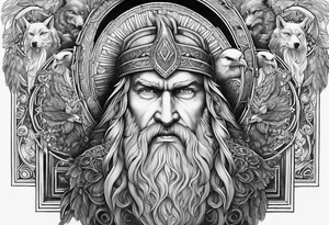 a stairway to heaven with a big face of  the god Odin as a human at its end. On the side of the stair is a pack ow wolves. Also add in a a pair of doves and two ravens tattoo idea