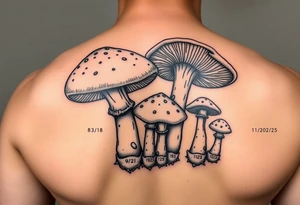 Psychedelic mushrooms two big four small with the stems of the small ones being their birth date which is 8/3/18, /9/10/21, 11/18/22 and 1/20/25. tattoo idea