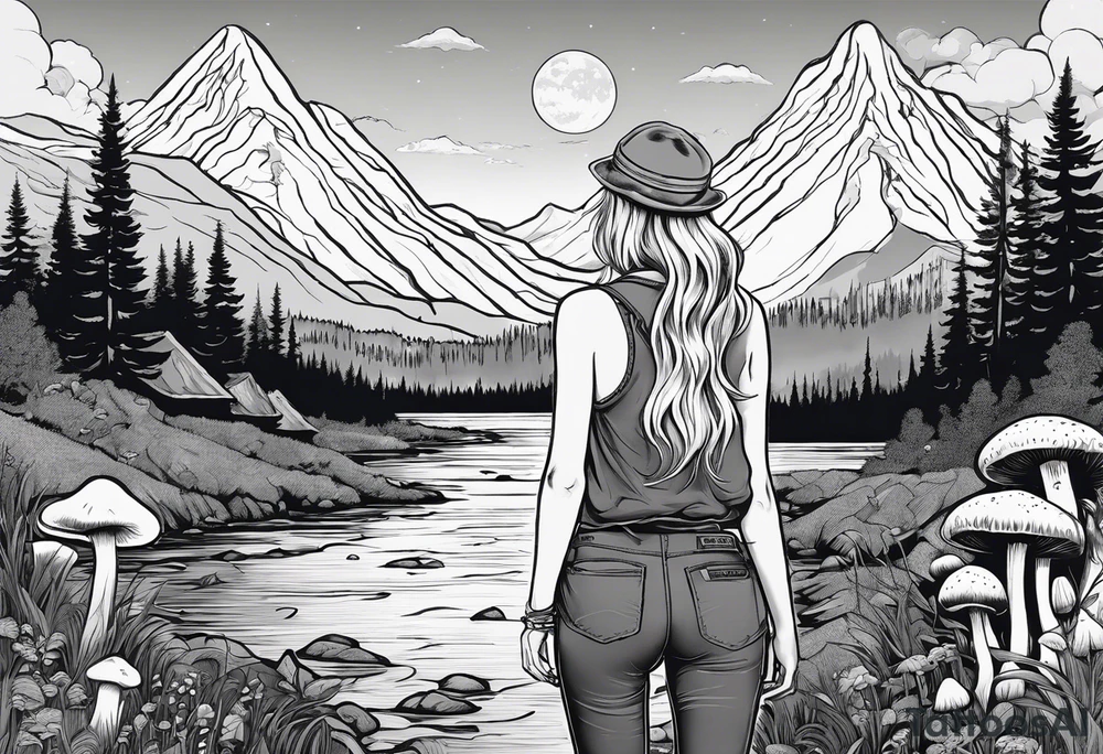 Straight long blonde hair hippie girl in distance holding mushrooms in hand facing away toward mountains and creek surrounded by mushrooms tee shirt and hiking pants; whole rendering within a full circle, no cut off circle tattoo idea