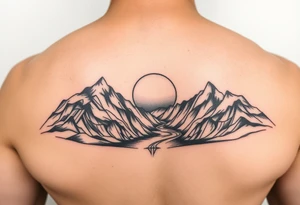 mountais. rive and sun rise and sunset tattoo idea