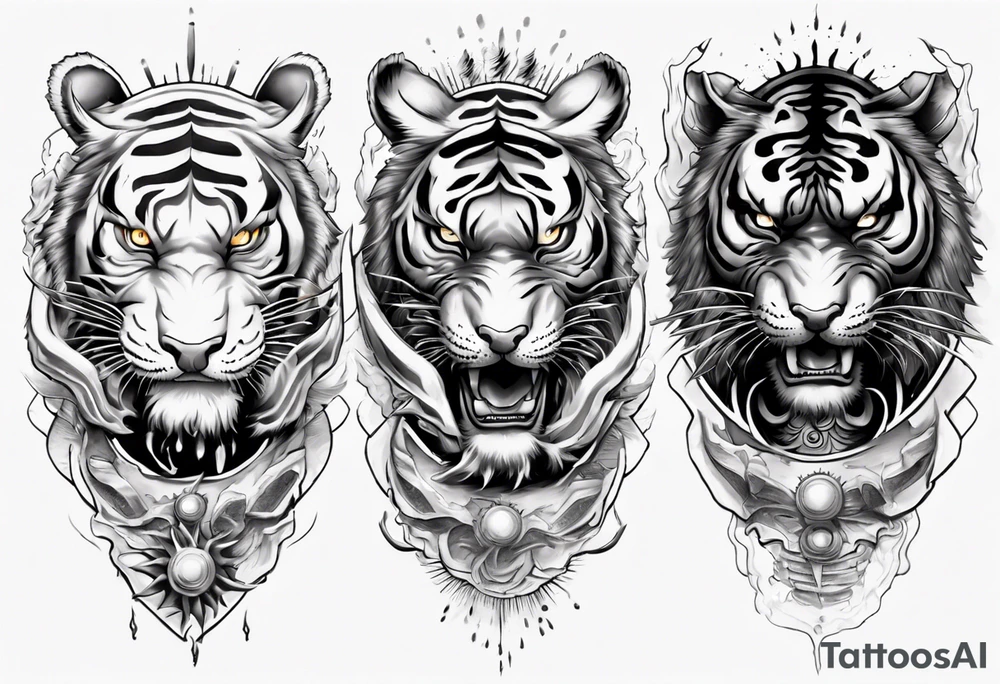 Tiger Warrior sleeve tattoo with lightning and the sun
Forearm sleeve tattoo idea
