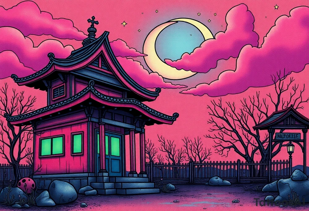 Tim Burton’s haunted pastel Tokyo shrine is abandoned and dripping with muted reds, dusty pinks, and eerie green glow.purple and cyan smokey clouds swirl in the crescent moonlit sky thats sprinkled with stars tattoo idea tattoo idea