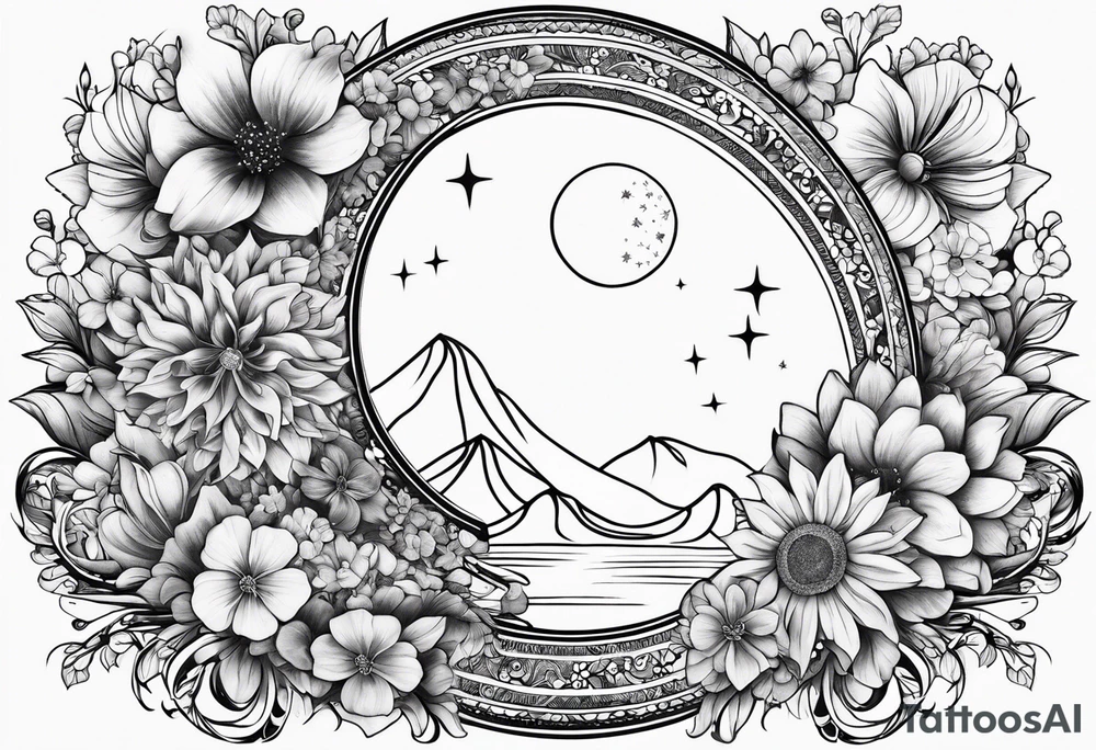 Crescent moon shrouded in pretty flowers tattoo idea