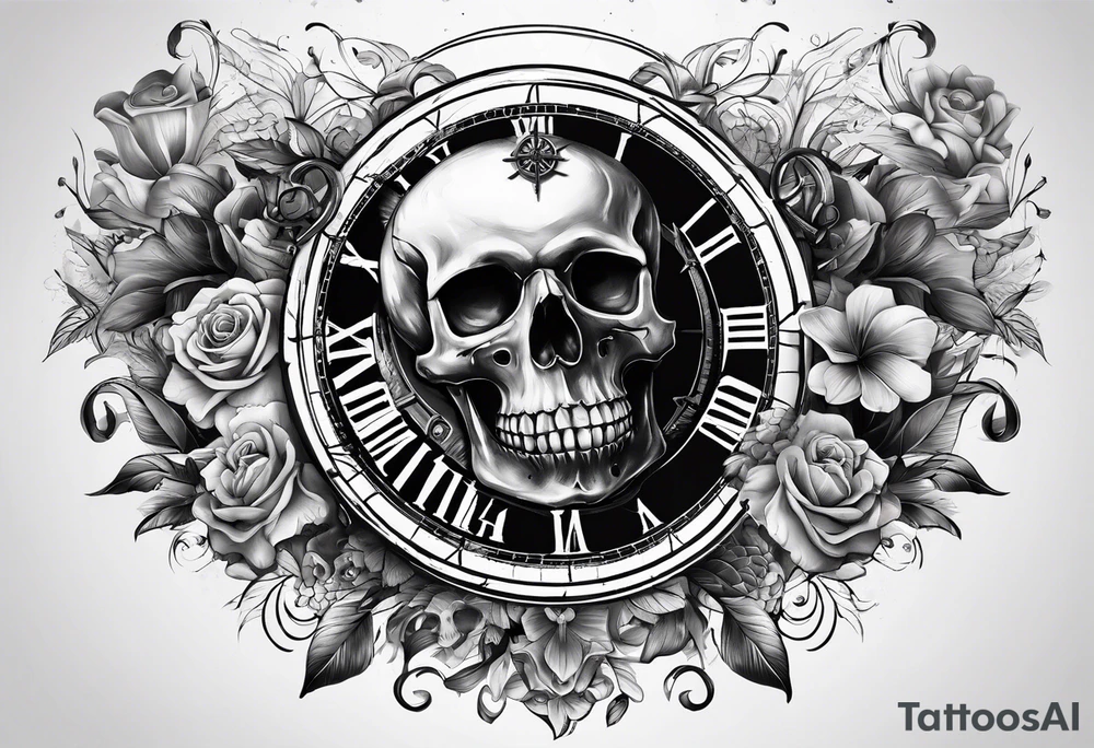 clock and compass and skull with no flower tattoo idea