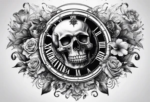 clock and compass and skull with no flower tattoo idea