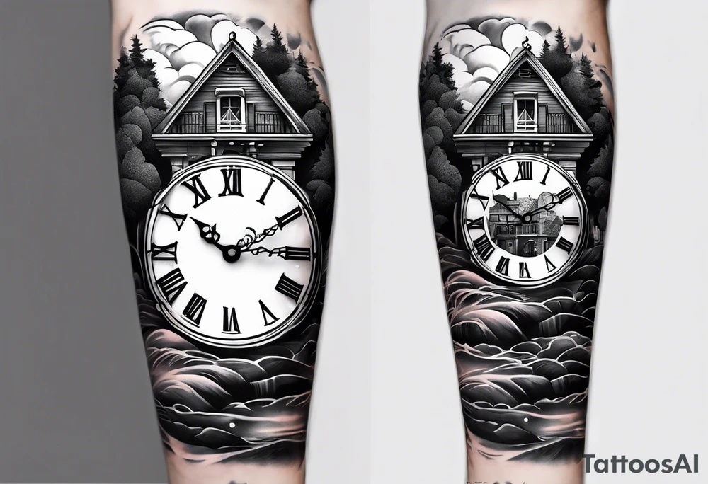 forearm sleeve, clock, house, stairs tattoo idea