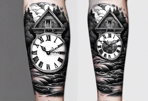forearm sleeve, clock, house, stairs tattoo idea