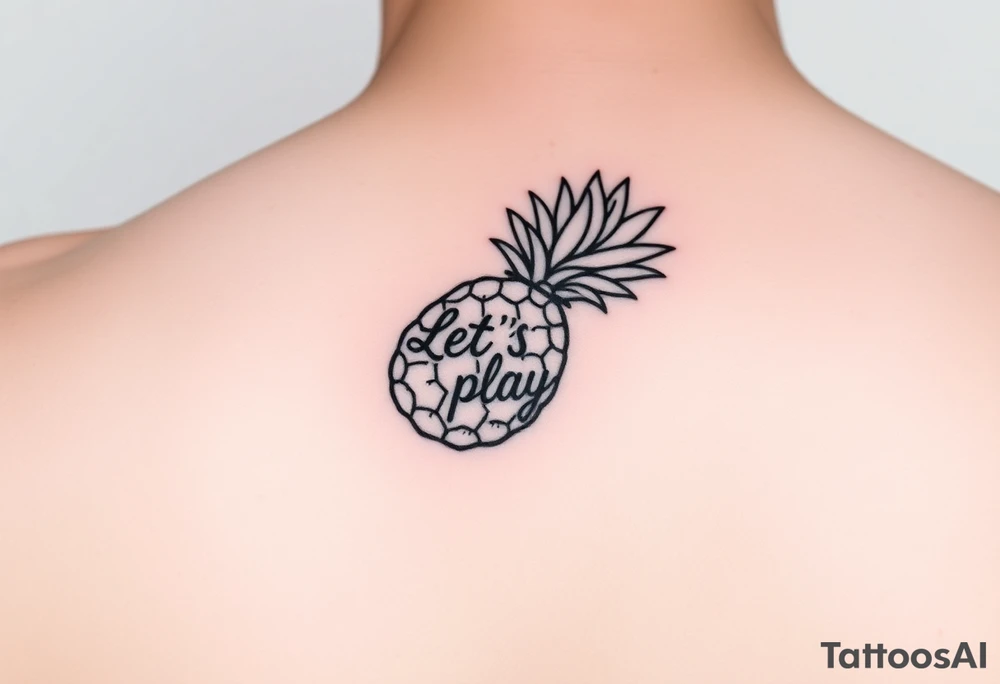 A black ink wrist tattoo featuring a realistic yet minimalistic pineapple. The pineapple is finely detailed with clean, precise lines, capturing the natural texture of the fruit while keeping the design subtle and uncluttered. Inside the body of the pineapple, the phrase "Let's play" is clearly placed in a bold but not overly thick font, ensuring readability while maintaining balance with the overall design. The leaves of the pineapple have a fine-line style with slight variations in thickness for a natural feel. The tattoo blends fine details with subtle bold elements, creating a clean and modern aesthetic. tattoo idea
