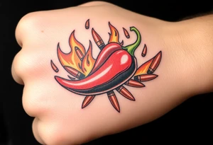 Chili pepper with flames and raining bullets in the background tattoo idea