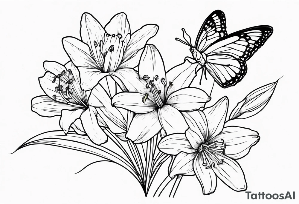 Fine line 
lily daisy and daffodil bouquet with butterfly 6-8 inches bi tattoo idea