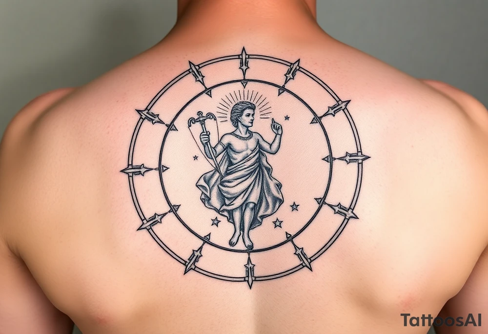 For the tattoo, you could have Apollo at the center of the constellation or circle of stars, holding his lyre (which represents harmony and creativity) or a bow (symbolizing precision and aiming toward your goals). His radiance could emanate outward, subtly merging with the stars or constellation, representing how your potential—though it might still be unfolding—is being guided and illuminated by his influence.

You could also place the one "unreached" star just slightly outside of the central circle, with Apollo’s light reaching toward it, signifying that while you may not have fully realized your potential yet, it's something that Apollo's guidance can help bring into focus tattoo idea