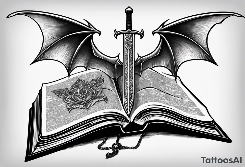 an empty open book with a sword through it, dragonwings and sparks surrounding the book. small design tattoo idea