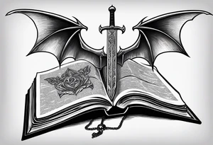 an empty open book with a sword through it, dragonwings and sparks surrounding the book. small design tattoo idea