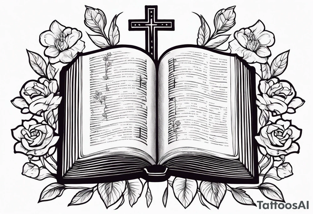 front of bible with cross on bible surrounded by flowers tattoo idea