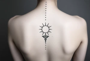 Fine line spine tattoo down the entire back with sun centered in the middle  and a bit of beach theme tattoo idea