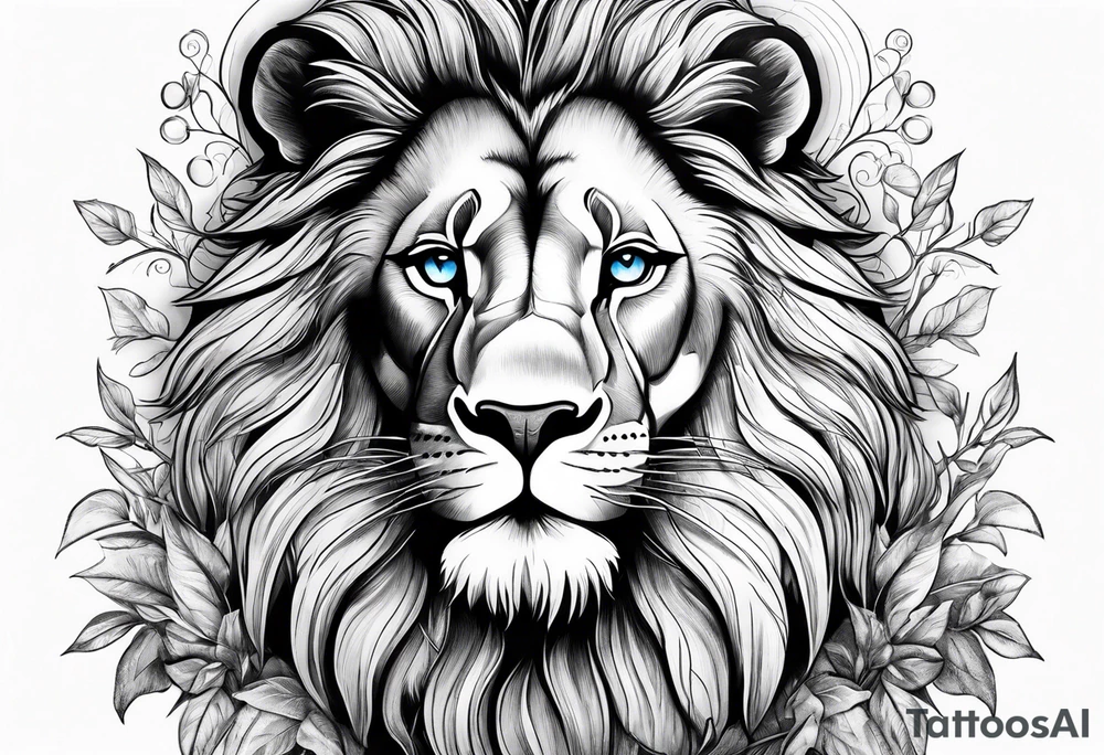 Blue eyed Lion shoulder tattoo with orange tree of life. Then a stream going to a waterfall at the bottom tattoo idea