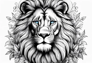 Blue eyed Lion shoulder tattoo with orange tree of life. Then a stream going to a waterfall at the bottom tattoo idea