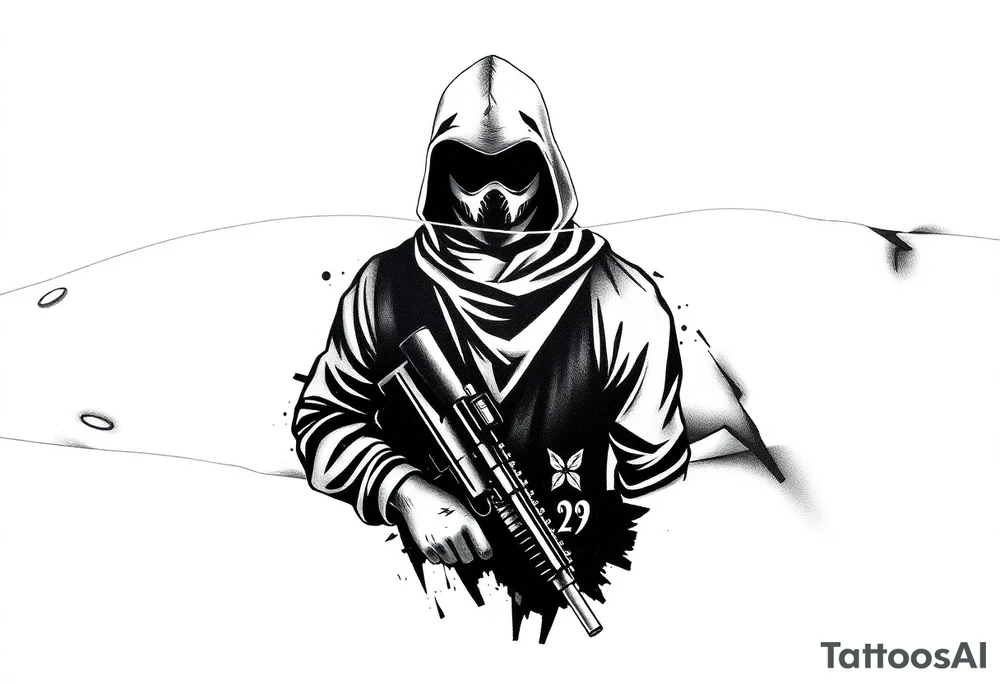 Minimalist covert operative symbolism representing loyalty and survival, faceless soldier silhouette emerging from darkness, torn fabric, subtle scars, controlled posture, black and grey realism, emotional restraint, understated strength, tattoo sleeve element. tattoo idea