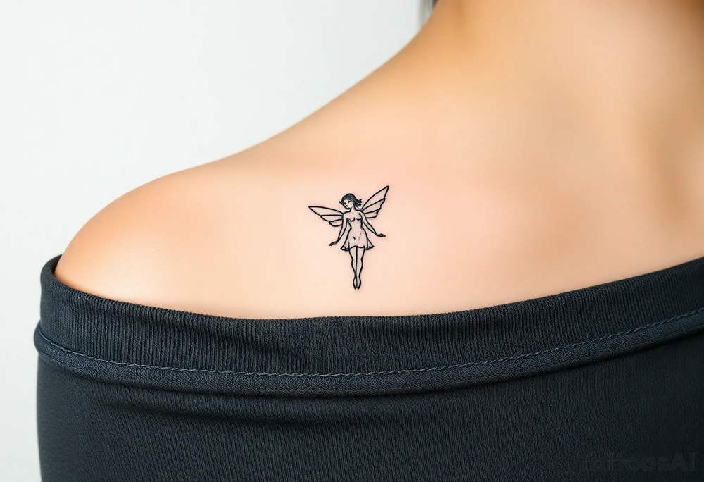 simple logo-style androgynous fairy/angel tattoo for girl's shoulder, lines only black ink. the tattoo is small showing the whole body/figure of the angel tattoo idea