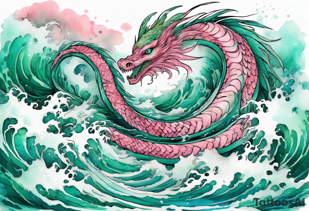 a turquoise and pink feathered sea serpent emerging from the stormy sea, with green eyes tattoo idea