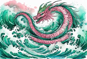 a turquoise and pink feathered sea serpent emerging from the stormy sea, with green eyes tattoo idea